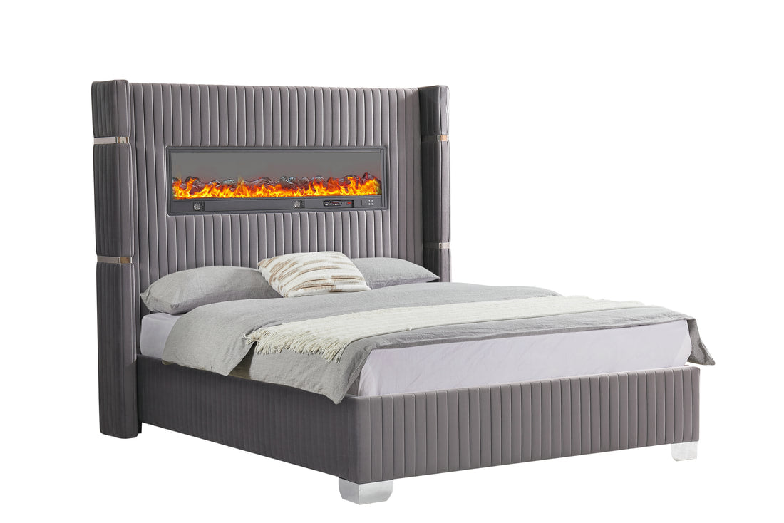 Romance Gray Fireplace Display & Speakers Platform Bed King/Queen