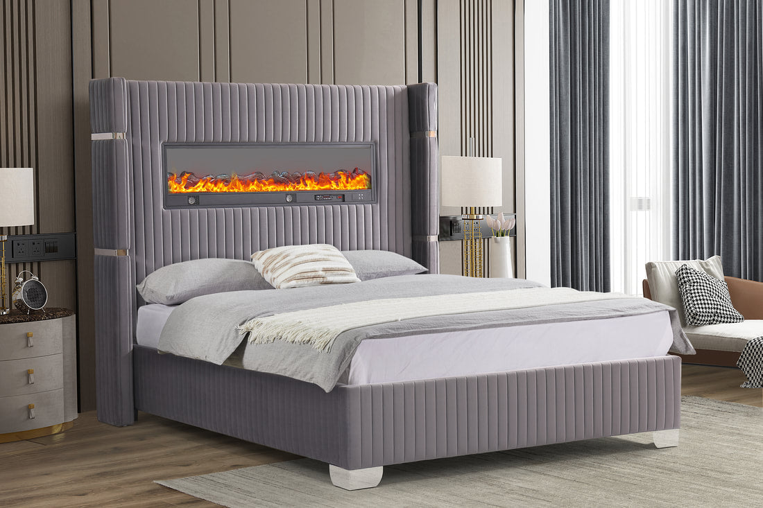 Romance Gray Fireplace Display & Speakers Platform Bed King/Queen