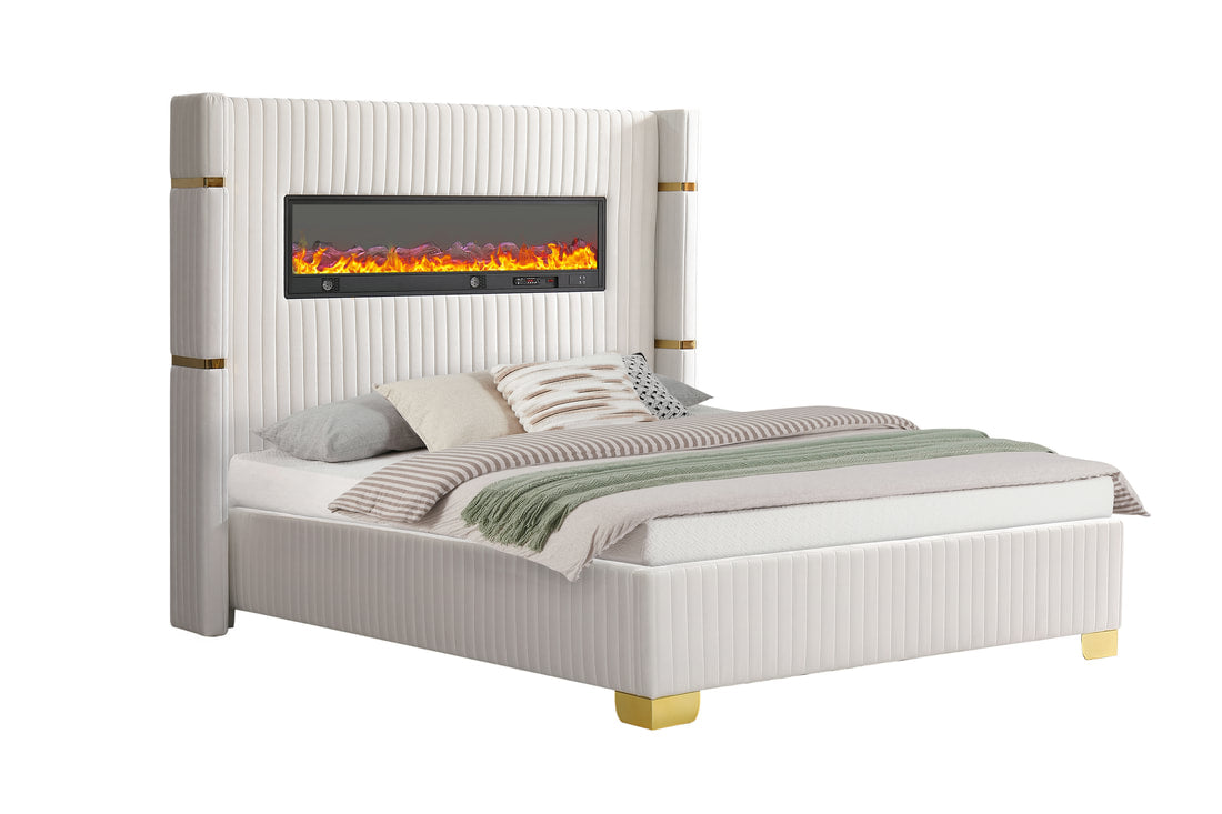Romance White Fireplace Display & Speakers Platform Bed King/Queen