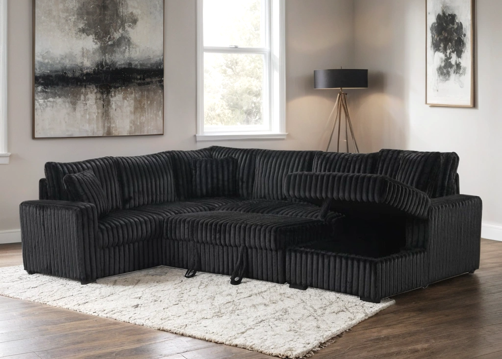 Sonic Black Sectional With Pull-Out Bed & Storage Chaise