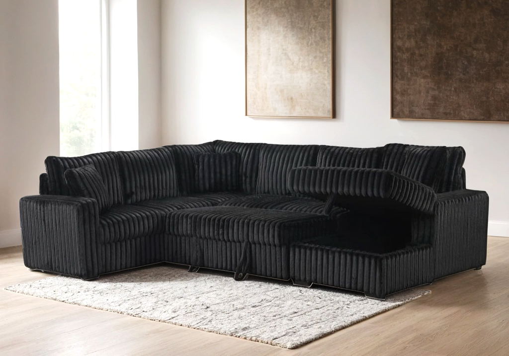 Sonic Black Sectional With Pull-Out Bed & Storage Chaise