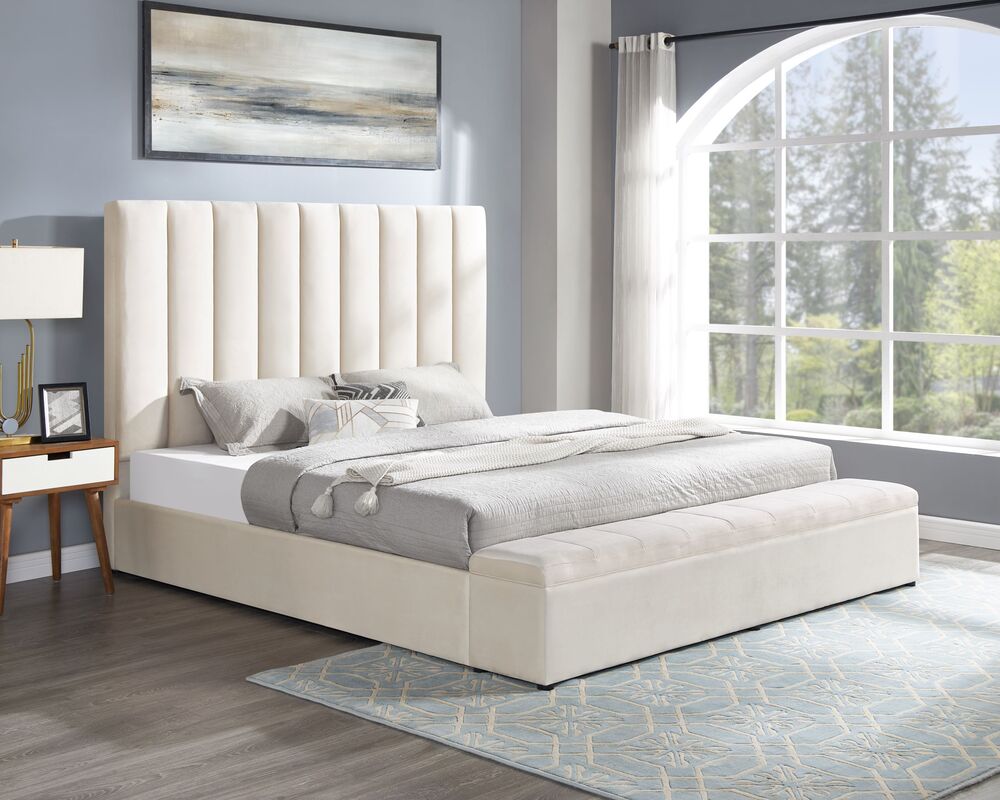 Valencia Beige Velvet Platform Bed With Storage King/Queen