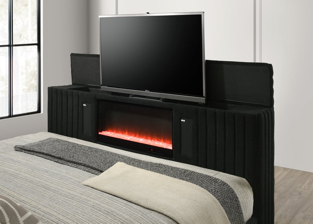 Villa Black Platform Bed With Fireplace,TV Mount,Speakers,LEDS