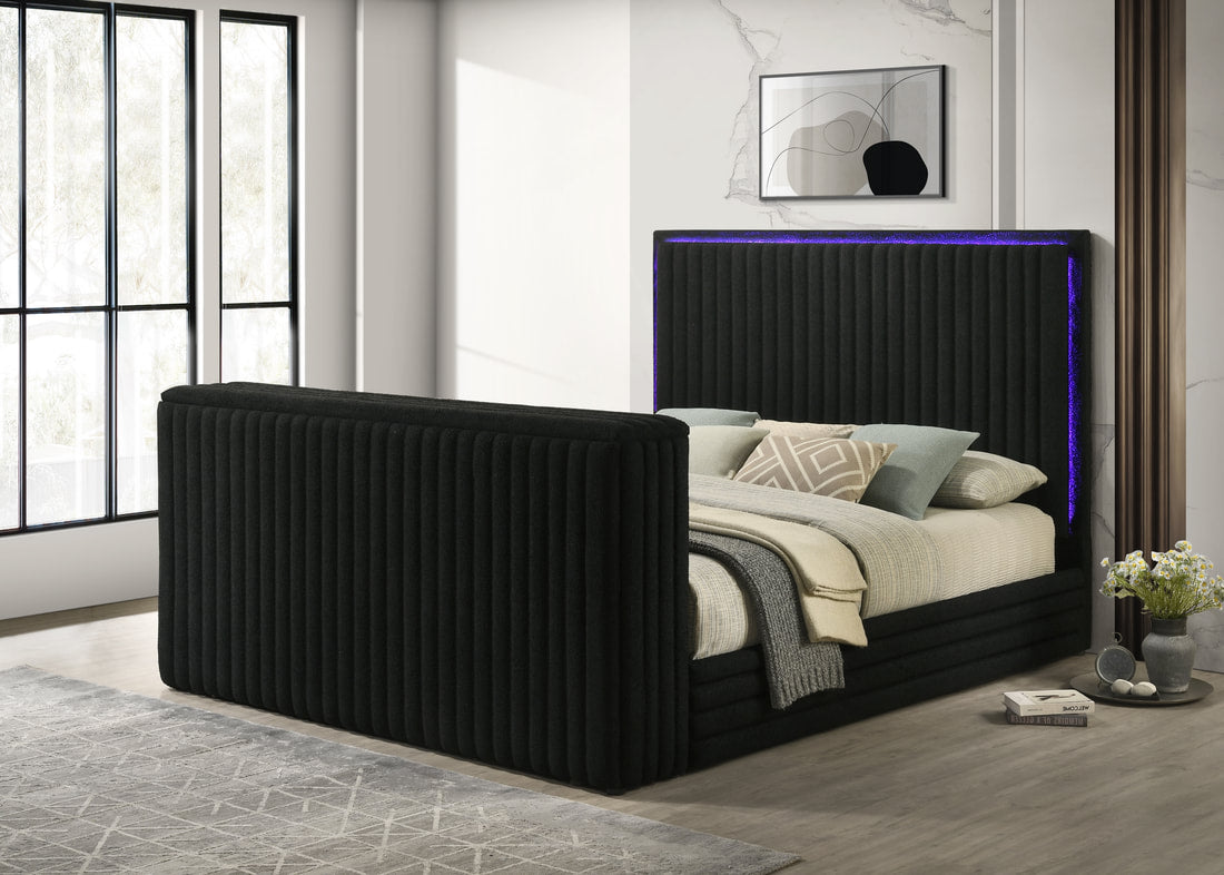 Villa Black Platform Bed With Fireplace,TV Mount,Speakers,LEDS
