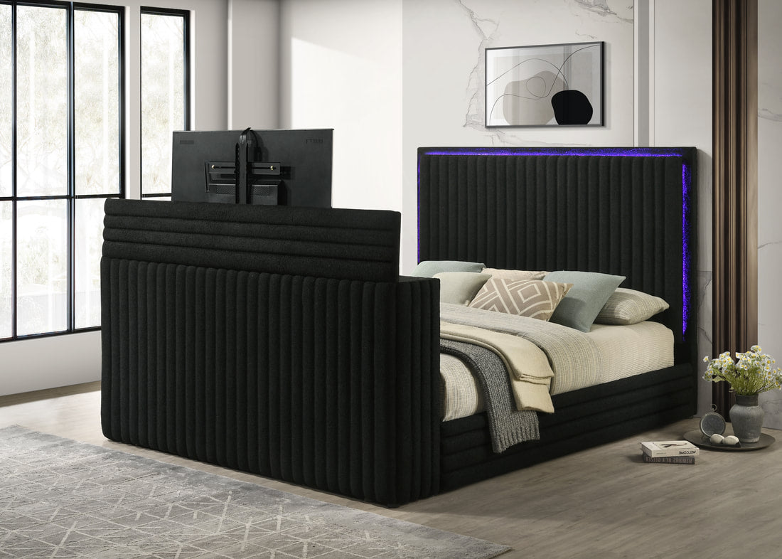 Villa Black Platform Bed With Fireplace,TV Mount,Speakers,LEDS