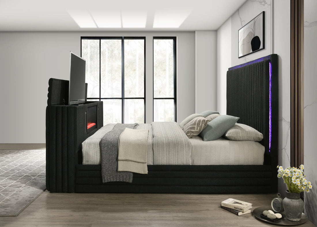 Villa Black Platform Bed With Fireplace,TV Mount,Speakers,LEDS