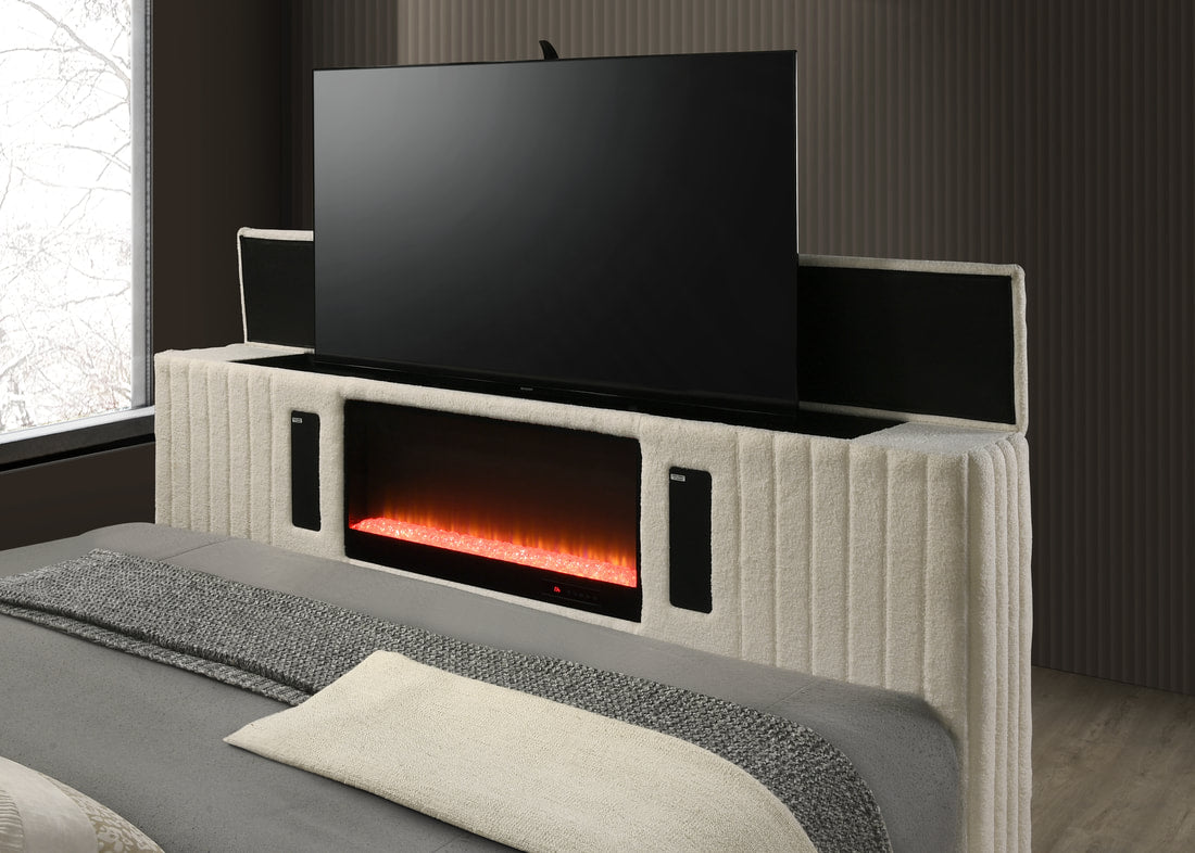 Villa Off White Platform Bed With TV Mount,Speaker,Fireplace,LED King/Queen