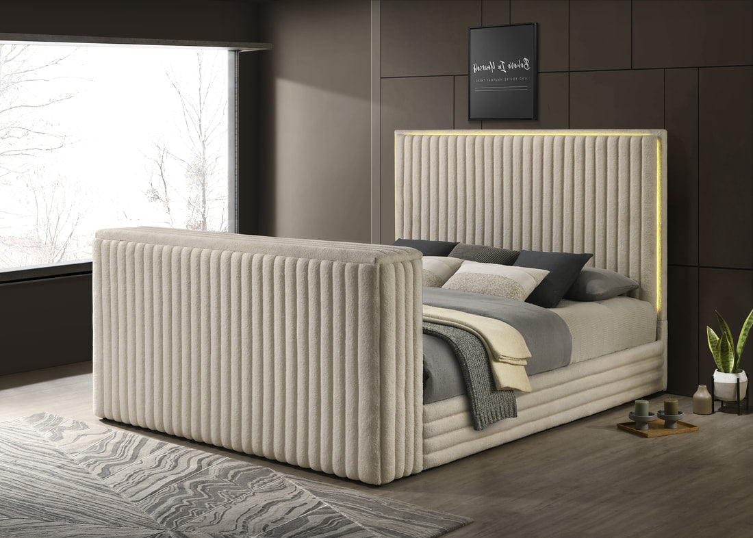 Villa Off White Platform Bed With TV Mount,Speaker,Fireplace,LED King/Queen
