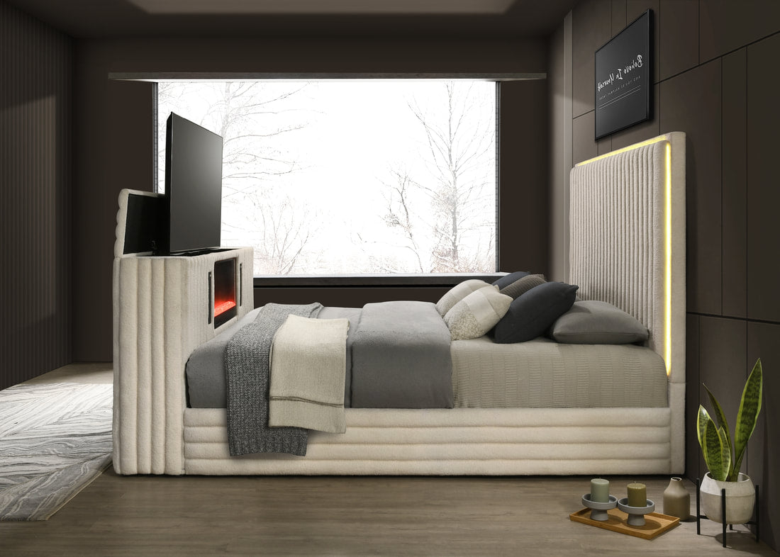 Villa Off White Platform Bed With TV Mount,Speaker,Fireplace,LED King/Queen