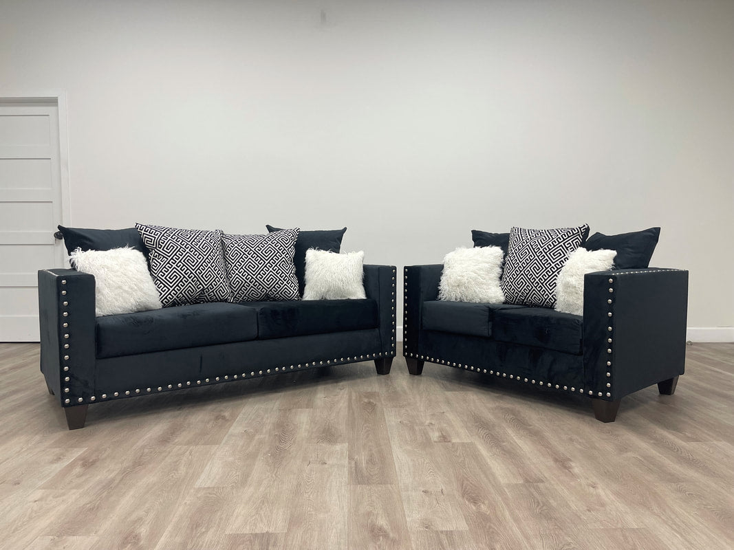 2 Piece Black Velvet Sofa & Loveseat Living Room Set