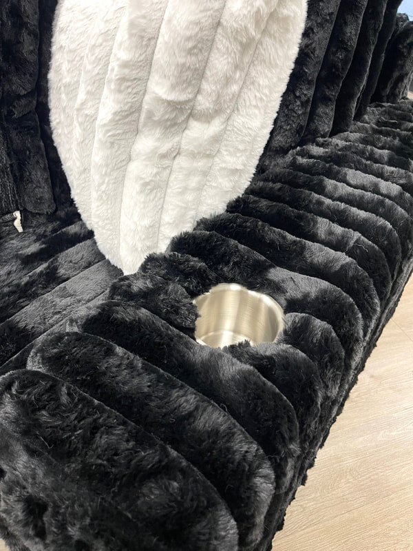 9600 Black Fluffy Sectional Couch With Cup Holders