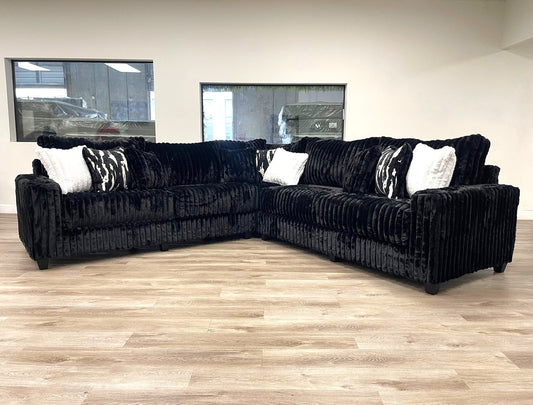 9600 Black Fluffy Sectional Couch With Cup Holders