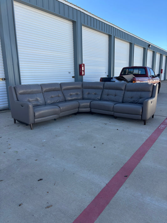 Grey Leather Power Reclining Sectional Couch