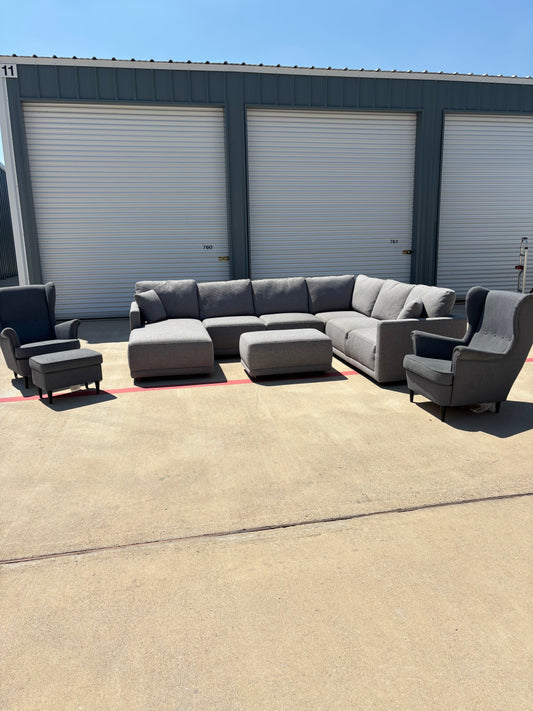 Grey Thomasville Sectional + Accent Chairs