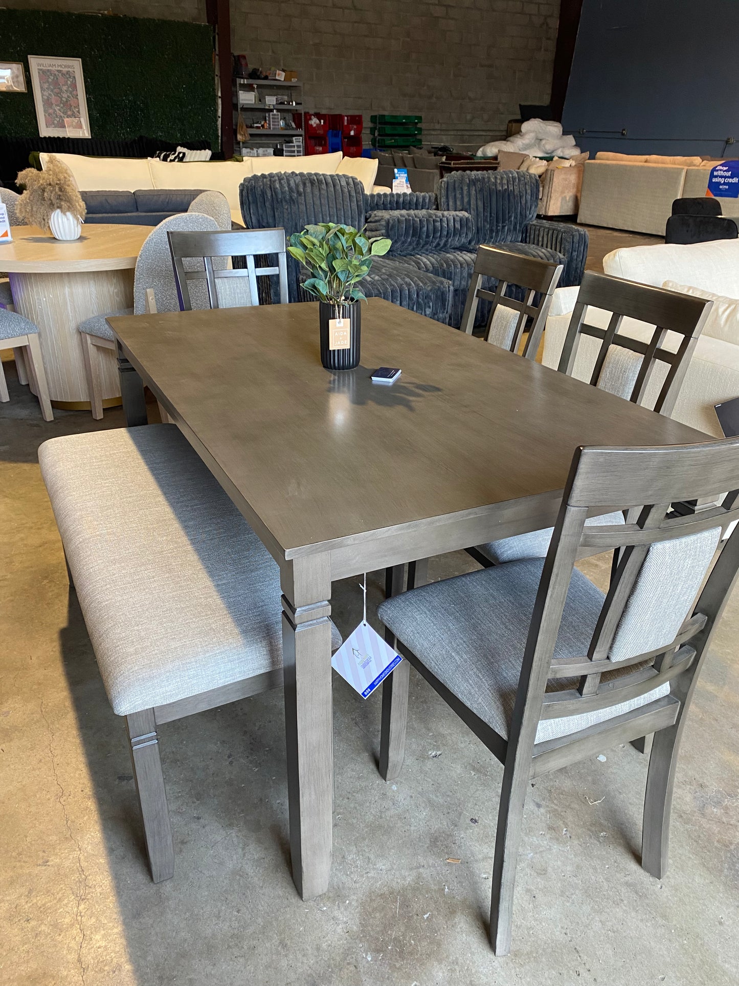 Light Grey Dining Table Set 4 Chairs + Bench