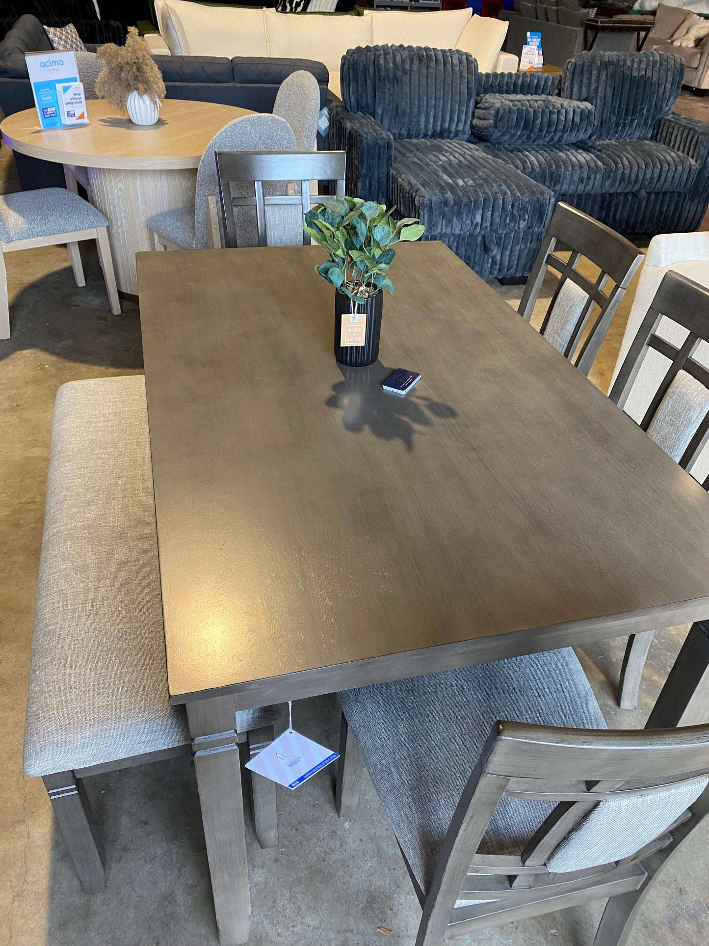 Light Grey Dining Table Set 4 Chairs + Bench