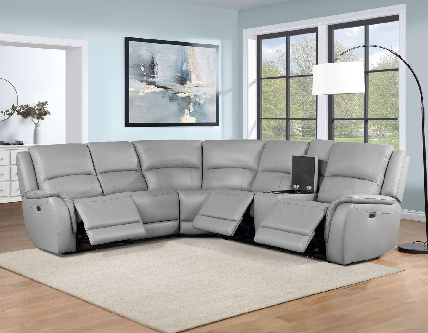Alexandria Stone Gray Genuine Leather Power Reclining Sectional Sofa
