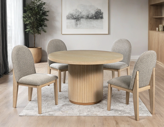 Light Oak Color Dining Table & 4 Boucle Chairs