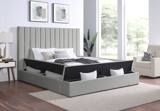 Frances Grey Velvet Platform Bed With Storage King/Queen