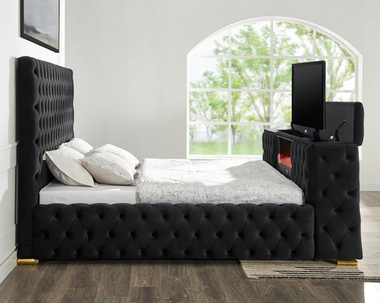 Future Black Velvet Platform Bed Tv Mount, Speakers,LED,Fireplace