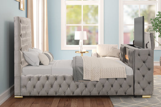 Future Gray Velvet Platform Bed Tv Mount,Fireplace,Speakers,LED King/Queen
