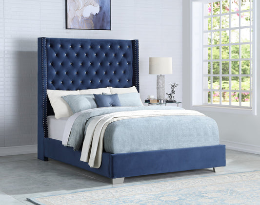 HH327 Blue Velvet Diamond 6 Foot Tall Tufted Bed King/Queen