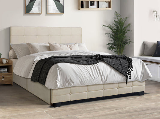 HH975 Beige Platform Bed with Side Drawer Storage King/Queen/Full