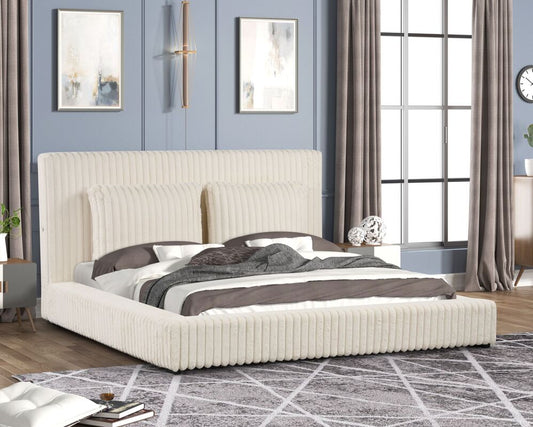 Lauren Beige Fluffy Platform Bed With Charging Ports King/Queen