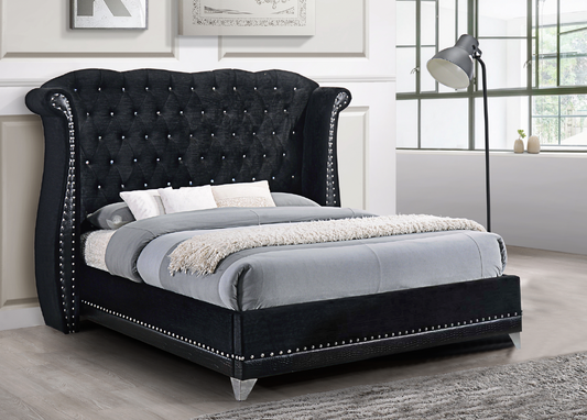 Luxor Black Velvet Diamond & Crocodile Vinyl Platform Bed King/Queen