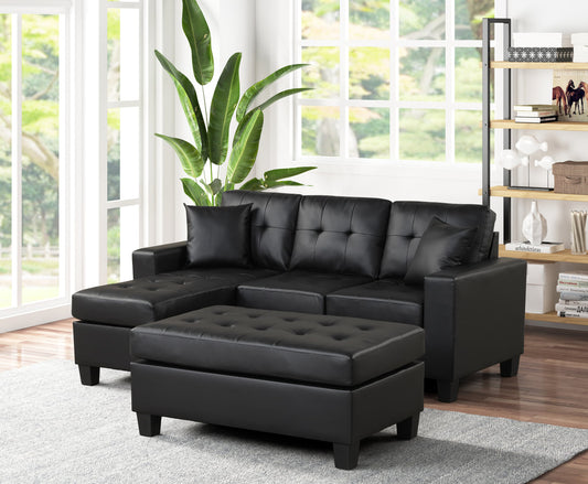 Naomi Black PU - Reversible Sectional & Ottoman