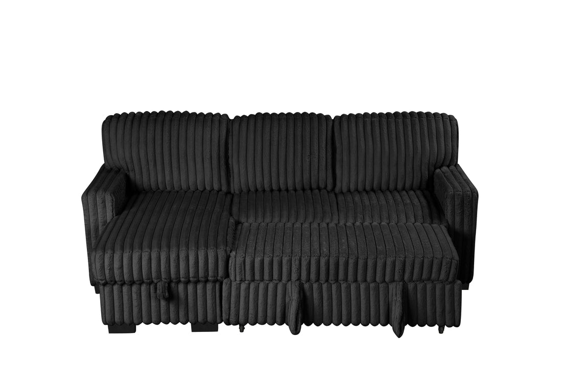 Poland Black Fluffy Sectional Couch With Pull Out Bed And Storage