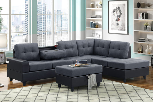 Heights - Reversible Sectional + Storage Ottoman (Black Linen)