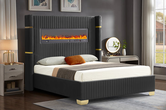 Romance Black Fireplace Display & Speakers Platform Bed King/Queen
