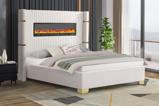 Romance White Fireplace Display & Speakers Platform Bed King/Queen