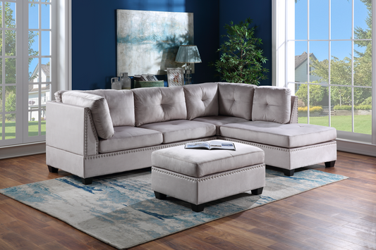 Sienna - Silver Velvet Sectional + Ottoman Set