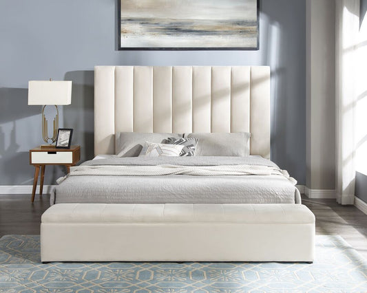 Valencia Beige Velvet Platform Bed With Storage King/Queen