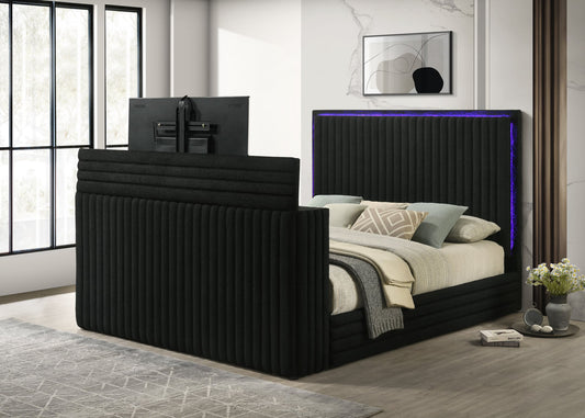 Villa Black Platform Bed With Fireplace,TV Mount,Speakers,LEDS