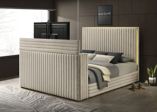 Villa Off White Platform Bed With TV Mount,Speaker,Fireplace,LED King/Queen